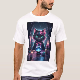 Schwarze Katze mit rosa Ribbon Fortune Teller T-Shirt