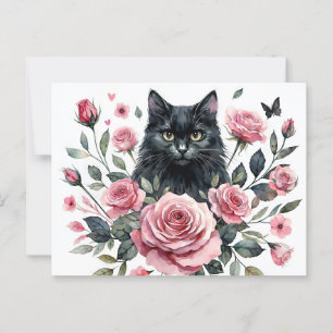Schwarze Katze mit rosa Rosen Wasserfarbe Postkart Postkarte