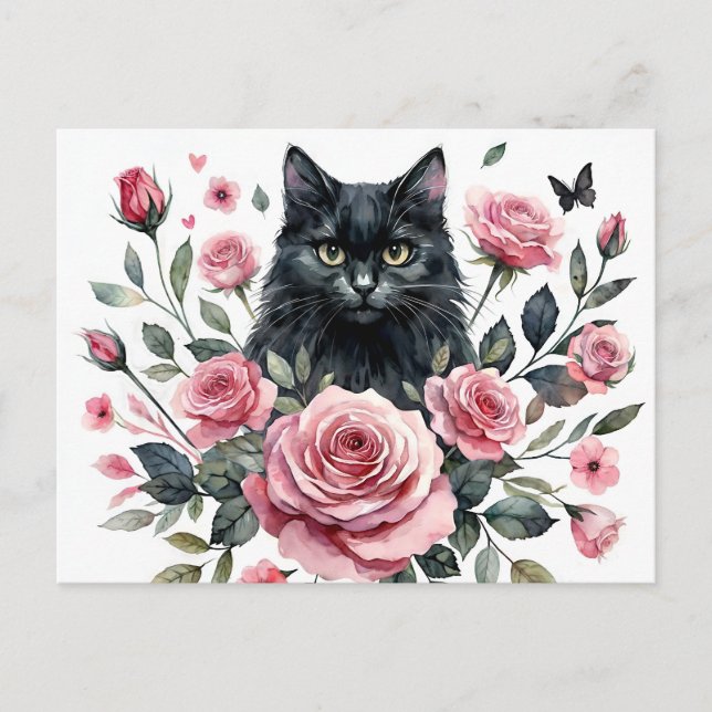 Schwarze Katze mit rosa Rosen Wasserfarbe Postkart Postkarte (Vorderseite)