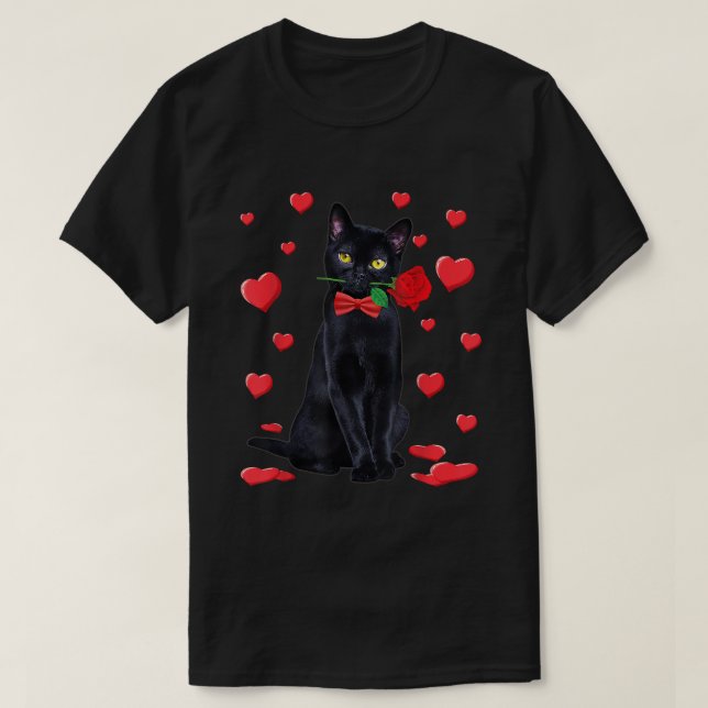 Schwarze Katze mit Rose Valentine Shirt Valentine  (Design vorne)