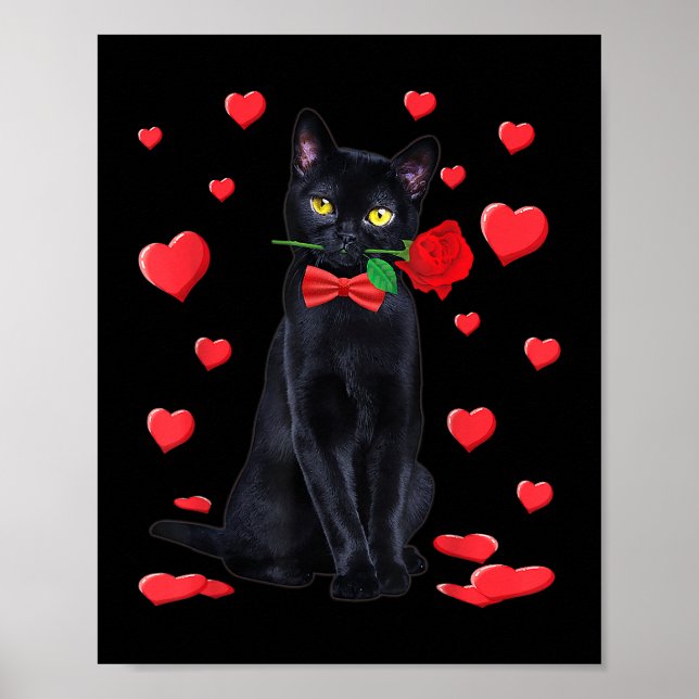 Schwarze Katze mit Rose Valentine Shirt Valentine  Poster (Vorne)