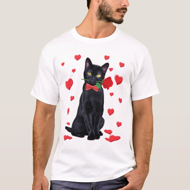 Schwarze Katze mit Rose Valentine Valentine Katze  T-Shirt (Vorderseite)