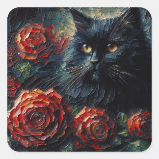 Schwarze Katze mit Rote Rosen Art Quadratischer Aufkleber