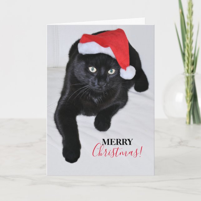 Schwarze Katze mit roter Weihnachtsmannmütze Feiertagskarte (Vorderseite)