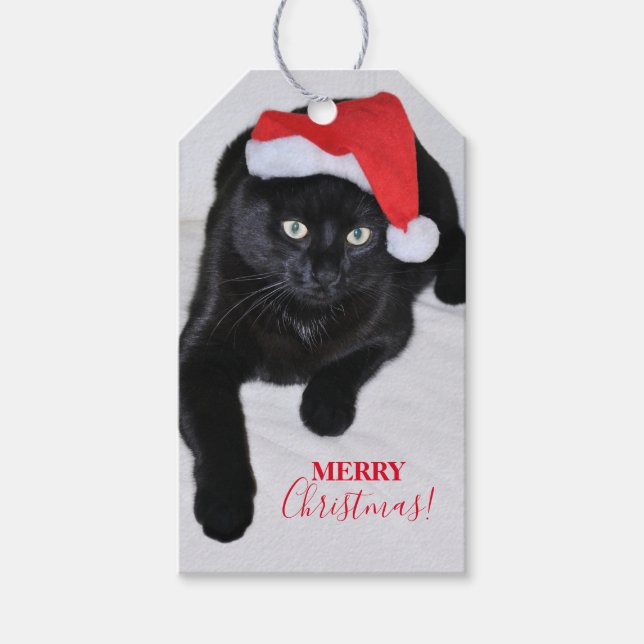Schwarze Katze mit roter Weihnachtsmannmütze Geschenkanhänger (Vorderseite)