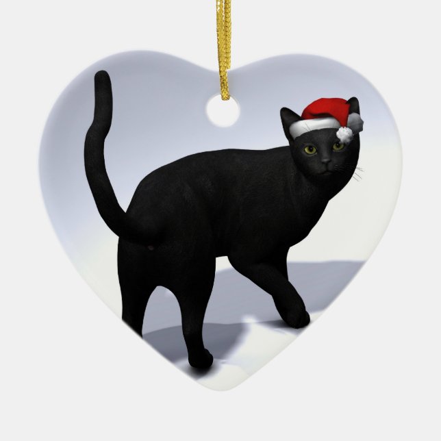 Schwarze Katze mit Santa Cap Keramikornament (Vorne)