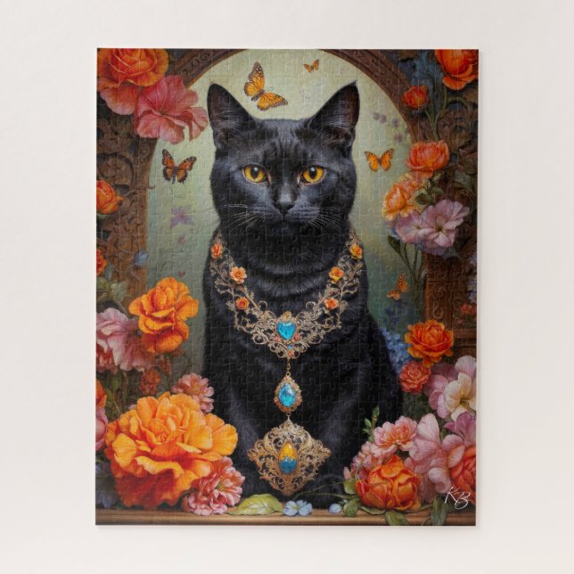Schwarze Katze mit schönem Schmuck und Blume Puzzle (Vertikal)