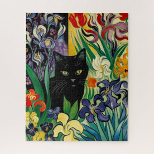 Schwarze Katze mit Schwertlilien Puzzle
