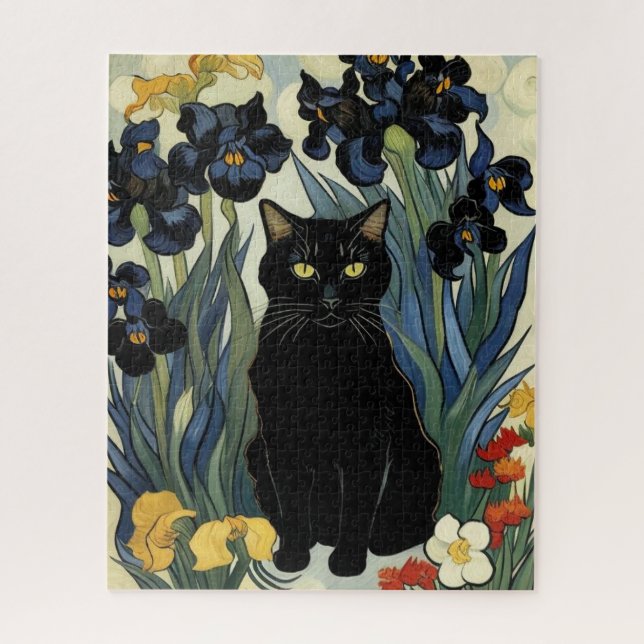 Schwarze Katze mit Schwertlilien Puzzle (Vertikal)