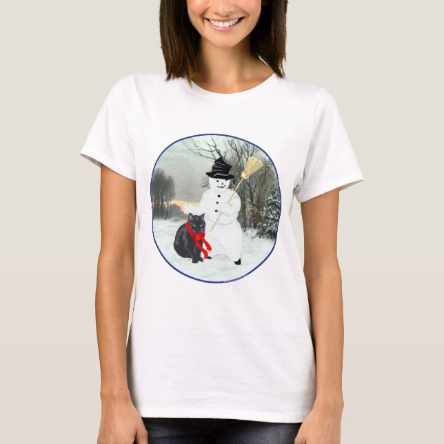 Schwarze Katze mit Snowman T-Shirt (Vorderseite)
