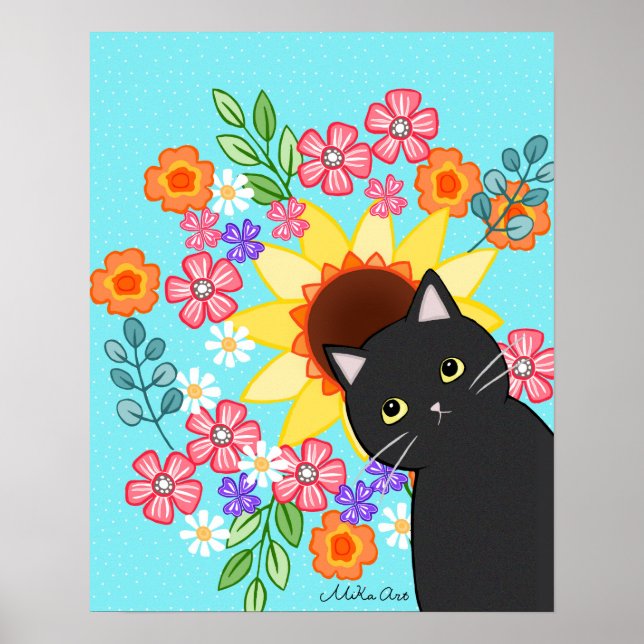 Schwarze Katze mit Sonnenblumen Bright Farbige Kat Poster (Vorne)