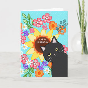 Schwarze Katze mit Sonnenblumen farbenfrohe Blüten Karte
