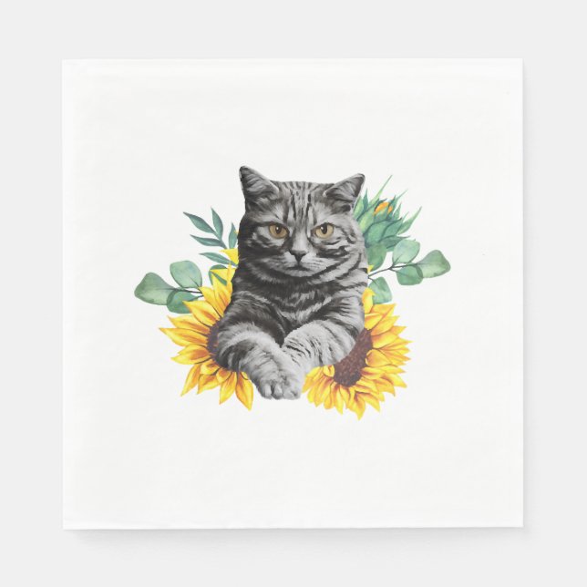 Schwarze Katze mit Sonnenblumen, Geschenke für Kat Serviette (Vorderseite)