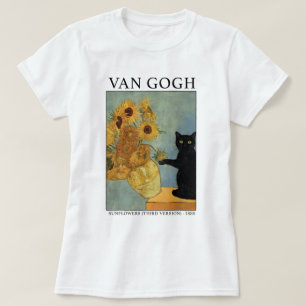 Schwarze Katze mit Sonnenblumen Van Gogh Kunst T-Shirt