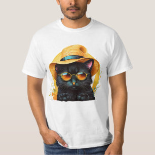 Schwarze Katze mit Sonnenbrille und Hut, lustige K T-Shirt