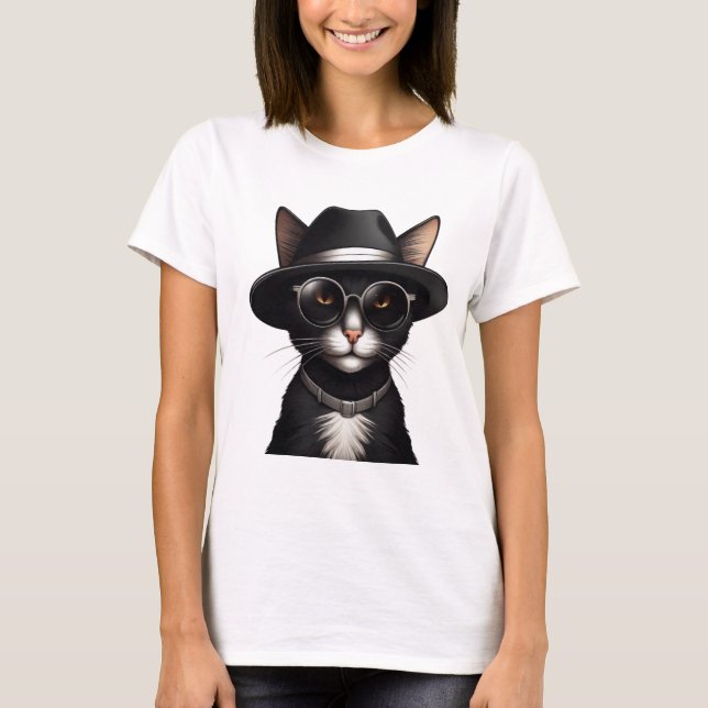 Schwarze Katze mit Sonnenbrille und Hut, lustige K T-Shirt (Vorderseite)