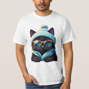 schwarze Katze mit Sonnenbrille und Wintermütze T-Shirt