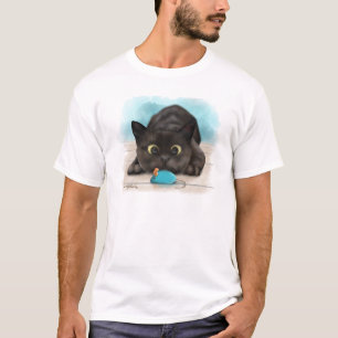 Schwarze Katze mit Spielzeugmaus Cartoon T-Shirt