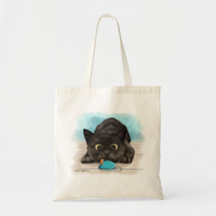 Schwarze Katze mit Spielzeugmaus Cartoon Tragetasche