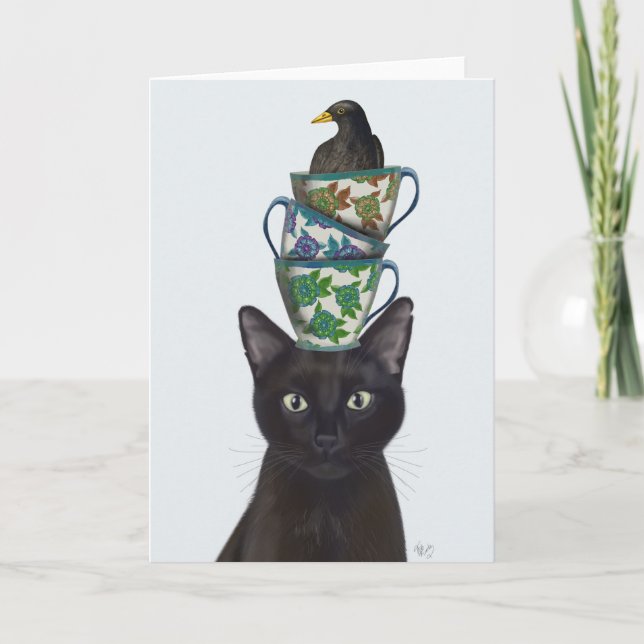 Schwarze Katze mit Teacups und Blackbird Karte (Vorderseite)