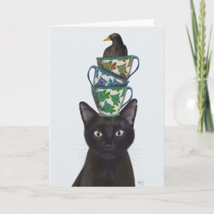 Schwarze Katze mit Teacups und Blackbird Karte
