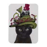 Schwarze Katze mit Teekanne und Eule