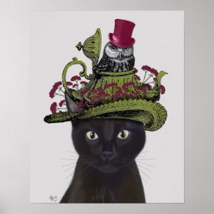 Schwarze Katze mit Teekanne und Eule Poster