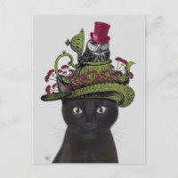 Schwarze Katze mit Teekanne und Eule