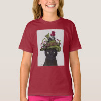 Schwarze Katze mit Teekanne und Eule