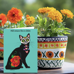 Schwarze Katze mit Totenkopf-Make-up Karte