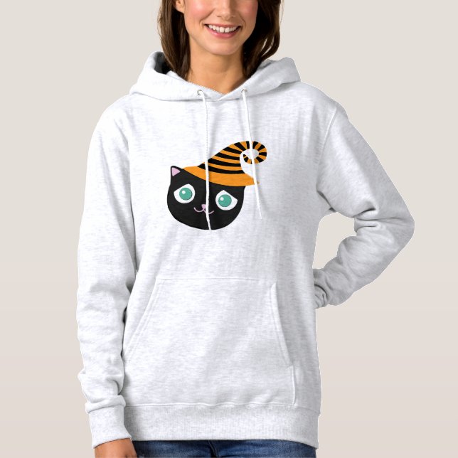 Schwarze Katze mit traurigen Augen und weißem Hut Hoodie (Vorderseite)