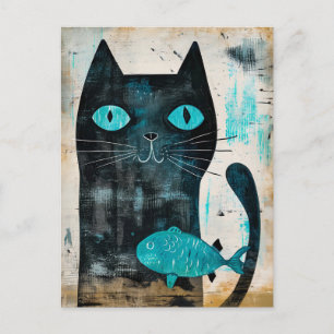 Schwarze Katze mit Türkisaugen und Fisch Postkarte