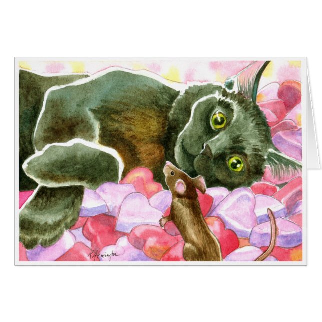 Schwarze Katze mit Valentinherzen (Vorderseite (Horizontal))