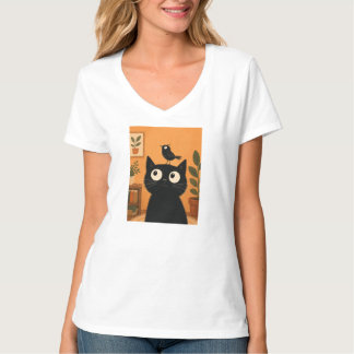 Schwarze Katze mit Vogel auf dem Kopf, süße, launi T-Shirt