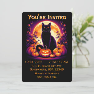 Schwarze Katze mit Vollmond-Halloween-Einladung Einladung