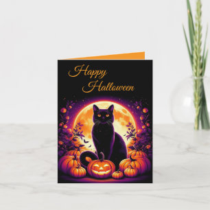 Schwarze Katze mit Vollmond Halloween-Grußkarte Feiertagskarte