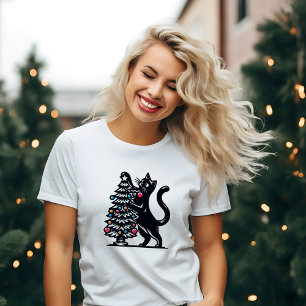 Schwarze Katze mit Weihnachtsbaumlichtern T-Shirt