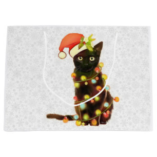 Schwarze Katze mit Weihnachtsbeleuchtung Geschenkt Große Geschenktüte