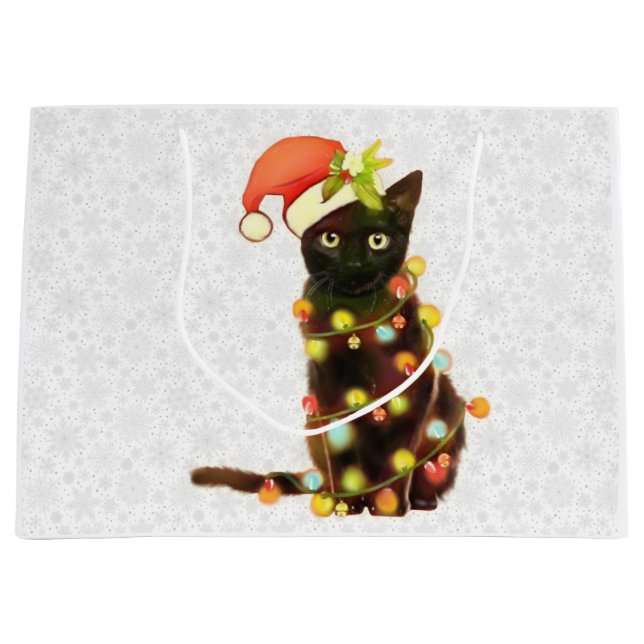 Schwarze Katze mit Weihnachtsbeleuchtung Geschenkt Große Geschenktüte (Vorderseite)