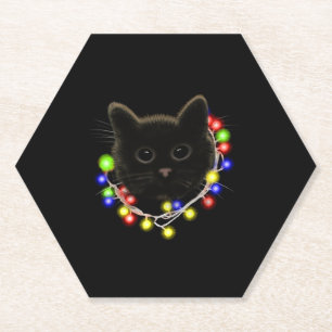 Schwarze Katze mit Weihnachtsbeleuchtung Untersetzer