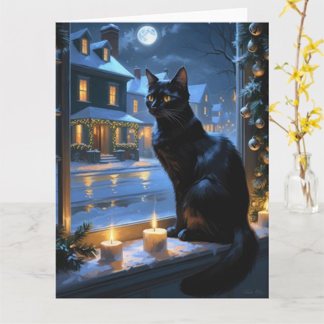 Schwarze Katze mit Weihnachtslicht Urlaub Karte (Gelbe Blume)