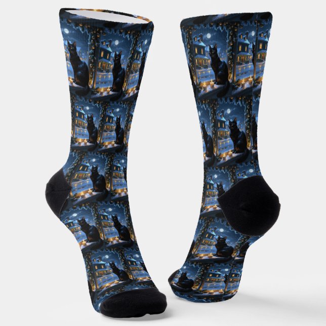 Schwarze Katze mit Weihnachtslicht Urlaub Socken (Gewinkelt)