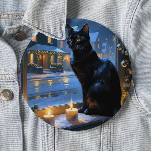 Schwarze Katze mit Weihnachtslichtern Feiertag Button (Beispiel)