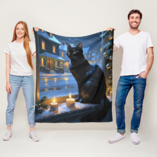 Schwarze Katze mit Weihnachtslichtern Feiertag Fleecedecke