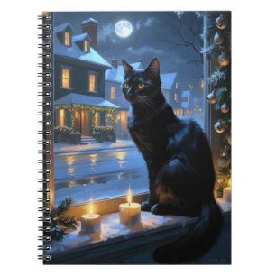 Schwarze Katze mit Weihnachtslichtern Feiertag Notizblock