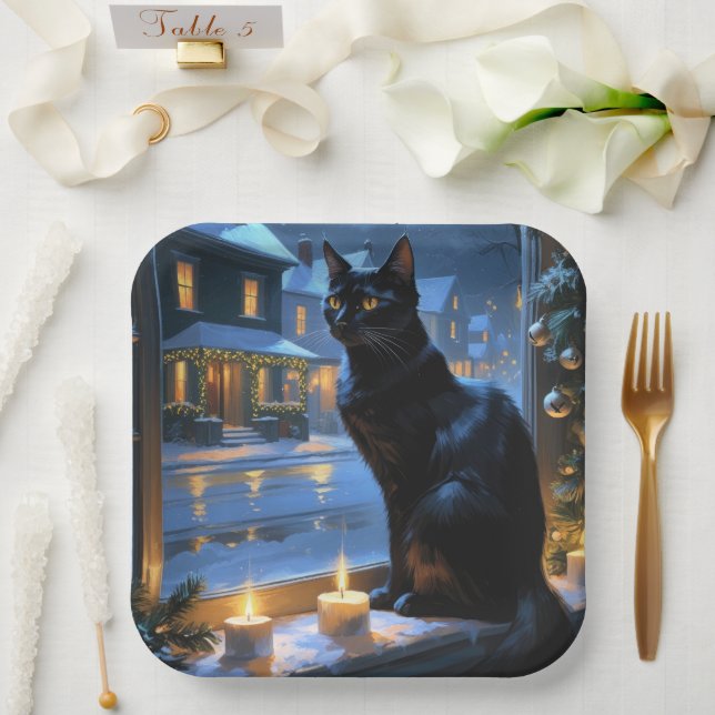 Schwarze Katze mit Weihnachtslichtern Feiertag Pappteller (Hochzeit)
