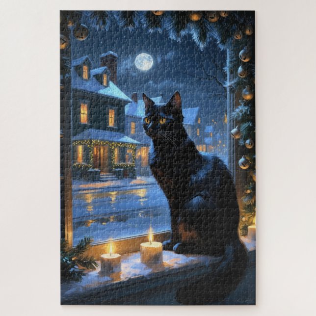 Schwarze Katze mit Weihnachtslichtern Feiertag Puzzle (Vertikal)