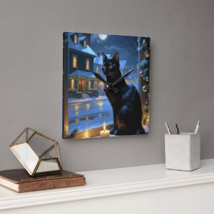 Schwarze Katze mit Weihnachtslichtern Feiertag Quadratische Wanduhr