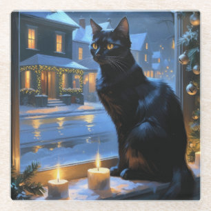 Schwarze Katze mit Weihnachtslichtern Urlaub Glasuntersetzer