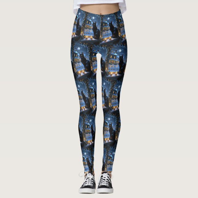 Schwarze Katze mit Weihnachtslichtern Urlaub Leggings (Vorderseite)